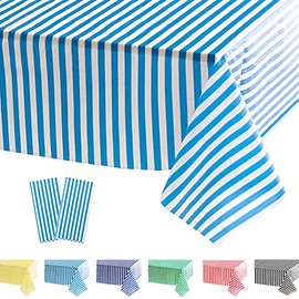POPOYU 2Pcs Blue Stripe Table Cloth,Blue and White Table Covers,137*274cm Birthday Party Rectangular Dining Table Cover Tablecovers Plastic Tablecloths for Picnic,Christmas,Birthday Party Decoration