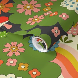 Removable Wallpaper Swatch - Cosmic Flowering Retro Flowers Vintage Psychedelic Groovy Hippie Mushrooms Stars Rainbows Garden Custom Pre-Pasted Wallpaper by Spoonflower
