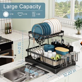 Doitsf Dish Drying Rack, 2 Tier Dish Racks for Kitchen Counter, Large Stainless Steel Kitchen Dish Drying Rack with Drainboard, Detachable Dish Drainers with Utensil Holders