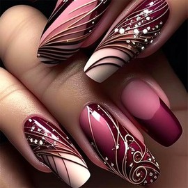 Viwind Medium Coffin Press on Nails,Decorative Design Ballerina Fake Nails Kits with Glue,Natural Reusable Flower Stick On Nails in 12 Sizes-24 Stick On Artificial Nails-French Lines