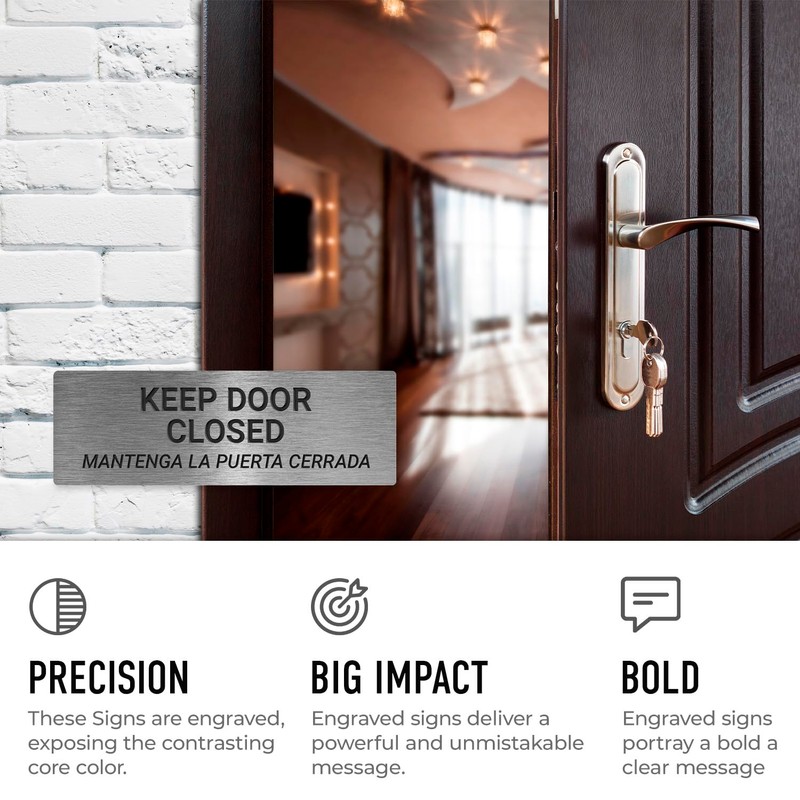 Keep Door Closed Bilingual Sign, Engraved, 3x9 Inches, Indoor/Outdoor Use,