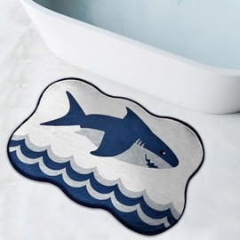 Luxury Shark Bathroom Rugs, Cute Blue Bath Mat with Navy Blue Wave Design, Extra Soft Microfiber Non-Slip Mat for Tub & Shower,Trendy Aesthetic Fun Preppy Decor