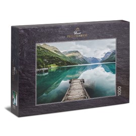 Ulmer Puzzleschmiede - Silent Norway Puzzle - Classic 1000 Piece Puzzle - Wooden Bridge Protrudes into the Silent Water of Lake Lovatnet, a Glacier Lake near the Geiranger Fjord in Norway
