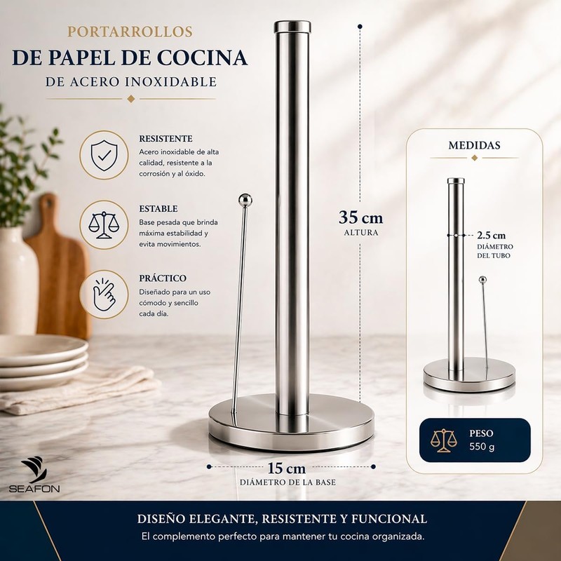 SEAFON Portarrollos Papel Cocina 33 cm Acero Inoxidable Brazo de