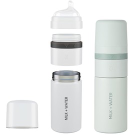 MILK + WATER MILK + WATER 2X All-in-One Baby Bottles with Formula Dispensers On The Go, 9oz – Keeps Water Warm & Formula Fresh – Baby Formula Mixing Bottles with Anti-Colic Nipples, Stage 3, 6M+ (White & Green)