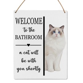 UYIKG Welcome To The Bathroom a Cat Will Be With You Shortly Wood Hanging Sign,Funny Bathroom Wall Decor Sign for Cat Mom Dad Ragdoll Lover,8x10 inches