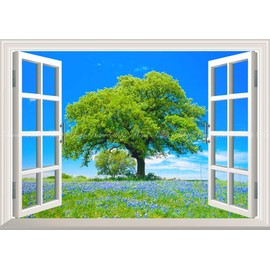 Painting Wallpaper Poster (Removable Self Stick) – Window View – musukari Flower and Blue Sky 大木 Flower and Grape Hyacinth [Window Specifications/Trick Art] Character Black flgd – 005ma2 (A2 edition 594 mm × 420 mm) Architecture Mural + Weather Resistant