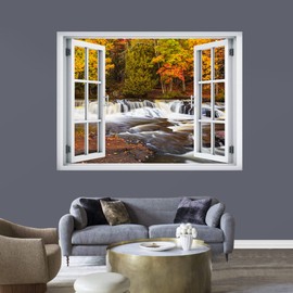 IDEA4WALL Removable Wall Sticker/Wall Mural Autumn Fall Orange Leaf River Rapids Nature Wilderness Photography Modern Art Rustic Landscape Colorful for Living Room, Bedroom, Office - 24"x32"