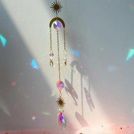 Window Light Catcher, Hanging Crystal Sun Catcher, 35 cm Gold Moon Star Rainbow Sun Catcher Window for Decoration of Window Fences Outdoors, in the Garden at Home