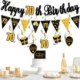EULAPGOE 70th Birthday Party Decorations, 70th Birthday Party Black Gold Hanging Swirls Ceiling Decorations Foil Swirls for Men 70th Birthday Decorations