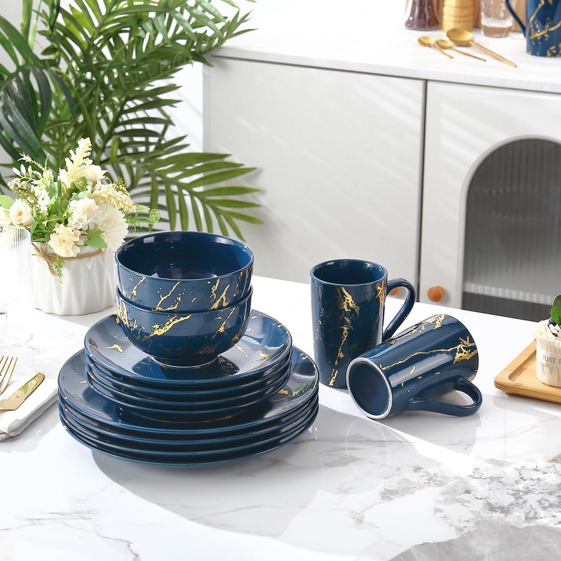 Loymokinar Modern Porcelain 16 Piece White and Gold Dinnerware Set,
