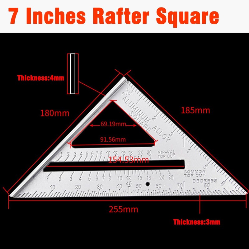 7 Inch Aluminum Rafter Square - Double-Sided Engraved Scales, Precision
