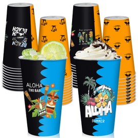 50 Pcs Hawaiian Luau Party Cups 16 oz Summer Disposable Plastic Cups, Tropical Floral Hibiscus Palm Tree Flamingo Tiki Drinking Cups for Hawaii Beach Pool Birthday Party Drinkware Supplies