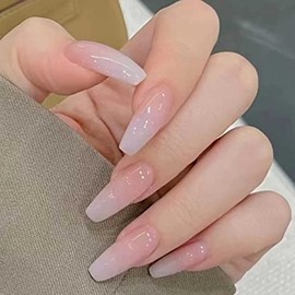 Prensado Largo En Uñas Cuadradas Francesas Uñas Postizas de Acrílico Desnudas Cubierta Completa para Mujeres y Niñas 24Pcs (Rosa Blanco)