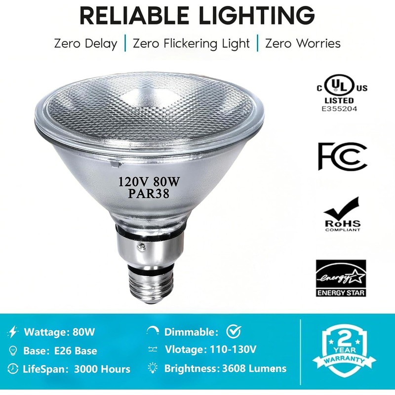 PAR38 Halogen Flood Light Bulbs 2 Pcs, 80W Equivalent, 120V,