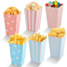 Pack of 60 Popcorn Bags, Popcorn Boxes in Pink and Blue with Different Patterns, Popcorn Bags with Waves, Stripes and Polka Dots, Candy Containers, for Parties, Birthdays and Film Nights