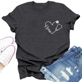 Dabon Nurse Shirts for Women Nurse Day T-Shirt Nursing Stethoscope Heart Tee Tops Grey