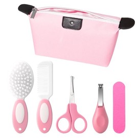 5-Piece Baby Grooming Kit with Multi-Use Storage Pouch - Infant Brush,Rounded Comb,Scissors,Nail Clippers & Emery Board -Essentials for Newborn Care &