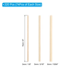 PATIKIL 6 Inch Dowel Rods Wood Sticks, 220 Pcs Long Square Wooden Dowels Unfinished Hardwood Sticks 1/8" 3/16" 15/64" for Craft DIY Supplies