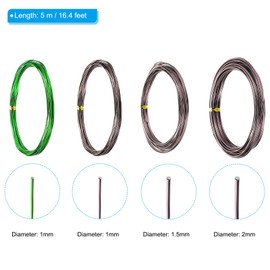 PATIKIL 1mm/1.5mm/2mm Bonsai Training Wire, 4 Roll Floral Wire Stems Anodized Aluminum Tree Wire 16.4 Feet for Gardening Branch Fixing, Brown/Green