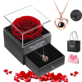 XINTM Conjunto Collar Rosa Eterna, con “I Love You” en 100 Idiomas, Flor Eterna Regalo Aniversario de Bodas, Día de la Madre, San Valentín, regalo para mamá, Esposa, Novia, Prometida