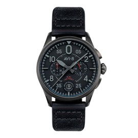 AVI-8 Mens 42mm Spitfire Lock Chronograph Slate Black Japanese Quartz Pilot Watch with Leather Strap AV-4089-03