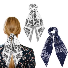 Hair Ties Ribbons for Girls Women Bunny Ears Scrunchies Headband Ponytail Hair Bows for Girls Women Scrunchies with Bows for Thin Hair Accessories Bow Knotted Ponytail Holders 2 Pcs