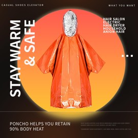 Survival Kit Emergency Blanket & Poncho - Waterproof Windproof Rain Poncho with Mylar Liner for Camping & Hiking Equipment, Outdoor Gear, Car Emergencies (Orange)
