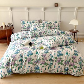 VM VOUGEMARKET Garden Flower Duvet Cover Queen with Branch Prints,Botanical Bedding Set,Blue Purple Aesthetic Comforter Cover for Girls Women 90x90 Inch