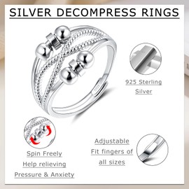 Deyanse 925 Sterling Silver Anxiety Ring, Fidget Rings for Anxiety Women, Stress Spinner Rings with 6 Beads, Unisex Anti-Stress Thumb Ring, Adjustable Open Relief Stressring Gifts for Family Friend