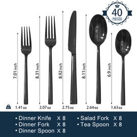 KINGSTONE Black Silverware Set, 40-Piece Forged Flatware Set Cutlery Set Premium Stainless Steel, Service for 8, for Kitchen, Home, Wedding, Party, Mirror Polished and Dishwasher Safe