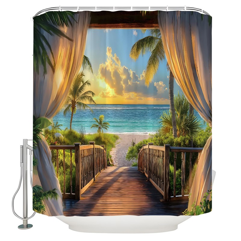 KDYDK Ocean Beach Shower Curtain Teal Orange Sea View Tropical