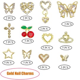 48PCS Gold Nail Charms Butterfly Nail Charms Cross Nail Art Charms 3D Star Charms Heart Charms Cherry Nail Gems Gold Charms for Nails for Women Nail DIY Design