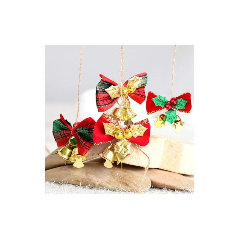 Moños Navideños Mini con Cascabeles 20 Piezas, 4 Estilos Tela