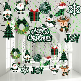 30 Pieces Christmas Hanging Foil Swirl Decorations Set Xmas Holiday Snowman Elk Sign Hanging Swirls Ceiling Decorations for Indoor Outdoor Happy Christmas Holiday Party Decor (Green, Black)