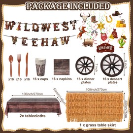 Zhehao 142 Pcs Western Party Decor Cowboy Party Supplies Wild West Yee Haw Banners Western Hanging Swirls Tablecloths Grass Table Skirt Tableware Set Ceiling Streamers for Baby Shower Birthday Party