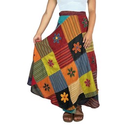 Agan Traders Women’s 2025 Spring Boho Maxi Skirt for Fall Patched Tie Up High Waisted Long Skirt Bohemian Wrap Cover Up, Multi 3, Large-X-Large