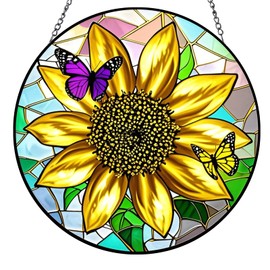 Sunflower Stained Glass Window Hanging, 8'' Butterfly Suncatchers for Windows Hanging, Sun Catchers Indoor Window for Home Decor Art and Gifts for Mom, Grandma, Women