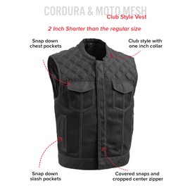 First Mfg Co Upside Men's Moto Mesh Vest: 2.5" shorter, Cordura & Moto Mesh, club style, 1" collar, covered snaps, hidden zipper, diamond stitching, concealed carry, mesh liner, YKK zippers