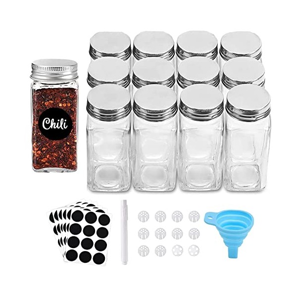 ROYALHOUSE 12 Pcs Glass Spice Jars/Bottles - 4oz Empty Square