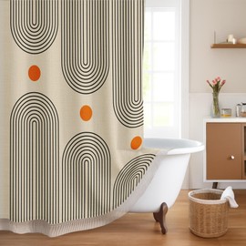 Emvency Boho Farmhouse Mid Century Cream Beige Tassel Shower Curtain Set, Stripe Arch Simple Sun Modern Minimalist Linen Fabric Shower Curtains for Bathroom Decor 72 x 72 Inches with Metal Hooks