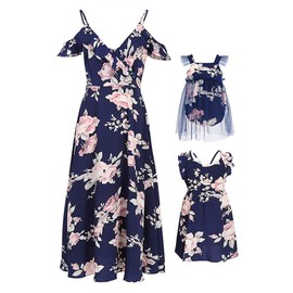 PopReal Mommy and Me Dresses Floral Print Fly Sleeve Strap Backless Ruffle Beach Mini Sundress