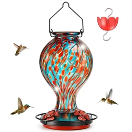 Hummingbird Feeders for Outdoors – Hand Blown Glass Outdoor Hanging Bird Feeder with Ant Moat, Leakproof, Easy to Fill & Clean, Vibrant Decorative Gift for Garden, Patio, Yard, Window, Mom or Gardener