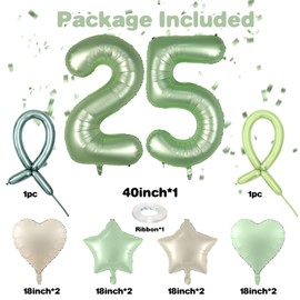 Sage Green 25 Number Balloons - Olive Green Cream Foil Star Heart Balloons With Long Stems for 25th Birthday Party