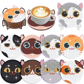 Muzagroo Art Diamond Painting Coaster with Holder, Diamond Art Kits for Beginners, 8 Pieces Coasters Art (Cat)