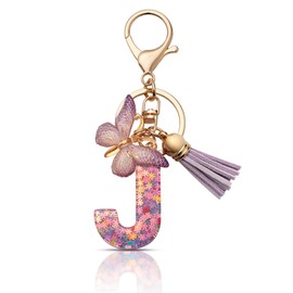 CHUQING Keyring Girl Key Ring Letter Key Pendant Butterfly Keyring with Initial Letters Women Keychain Gift, Lila-j