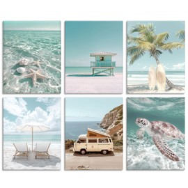 Beach Coastal Wall Art 6 Piece preppy Beachy Sunny Days Scene, Nautical Mint Green Surfboard Canvas Artworks Tropical Print For Bedroom Seaside Décor - Ready to Hang - Framed, Set of 6, 8x10Inch