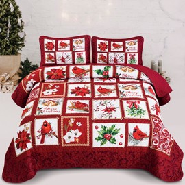 Luxudecor Christmas Queen Quilt Set 3 Pieces, Green Christmas Tree and Reindeer Pattern Bedspread, Soft Reversible Coverlet Xmas Bedding Set Holiday Decor 96"x90"