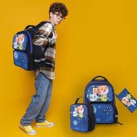 Gaming Backpack for Kids - PU Leather Front Gamer Bag with Cute Cat Design, School Bookbag for Boys and Girls, Elementary Middle School Student Travel Bag-Cat Blue