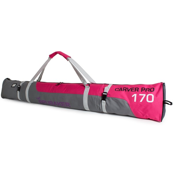 BRUBAKER Padded Ski Bag Skibag Carver Pro - Limited Edition - with strong 2-Way Zip and Compression Straps - Pink/Grey - 66 7/8 Inches